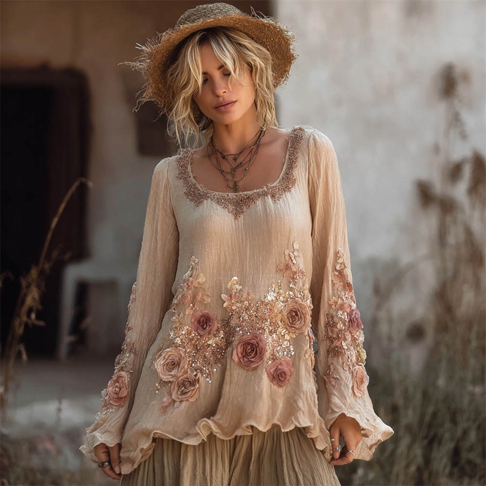 Haut fleuri tendance à col rond pour femme, style bohème