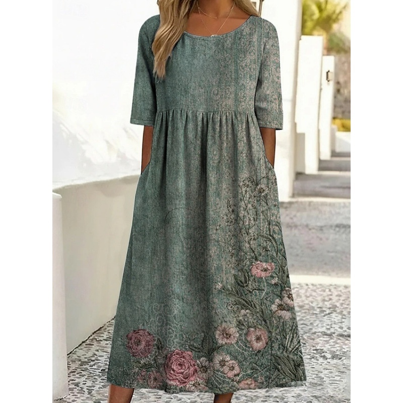 Rundhalsausschnitt, langes, stilvolles, bequemes und vielseitiges Kleid mit Taschen