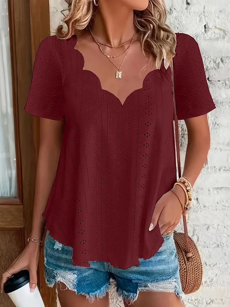 Bequemes und atmungsaktives Jacquard-T-Shirt mit kurzen Ärmeln und V-Ausschnitt für Damen