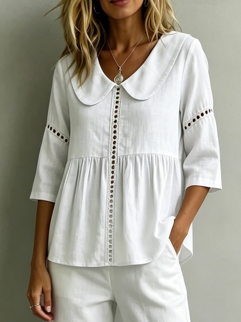 Peter Pan collar vintage hollow lace cotton and linen shirt