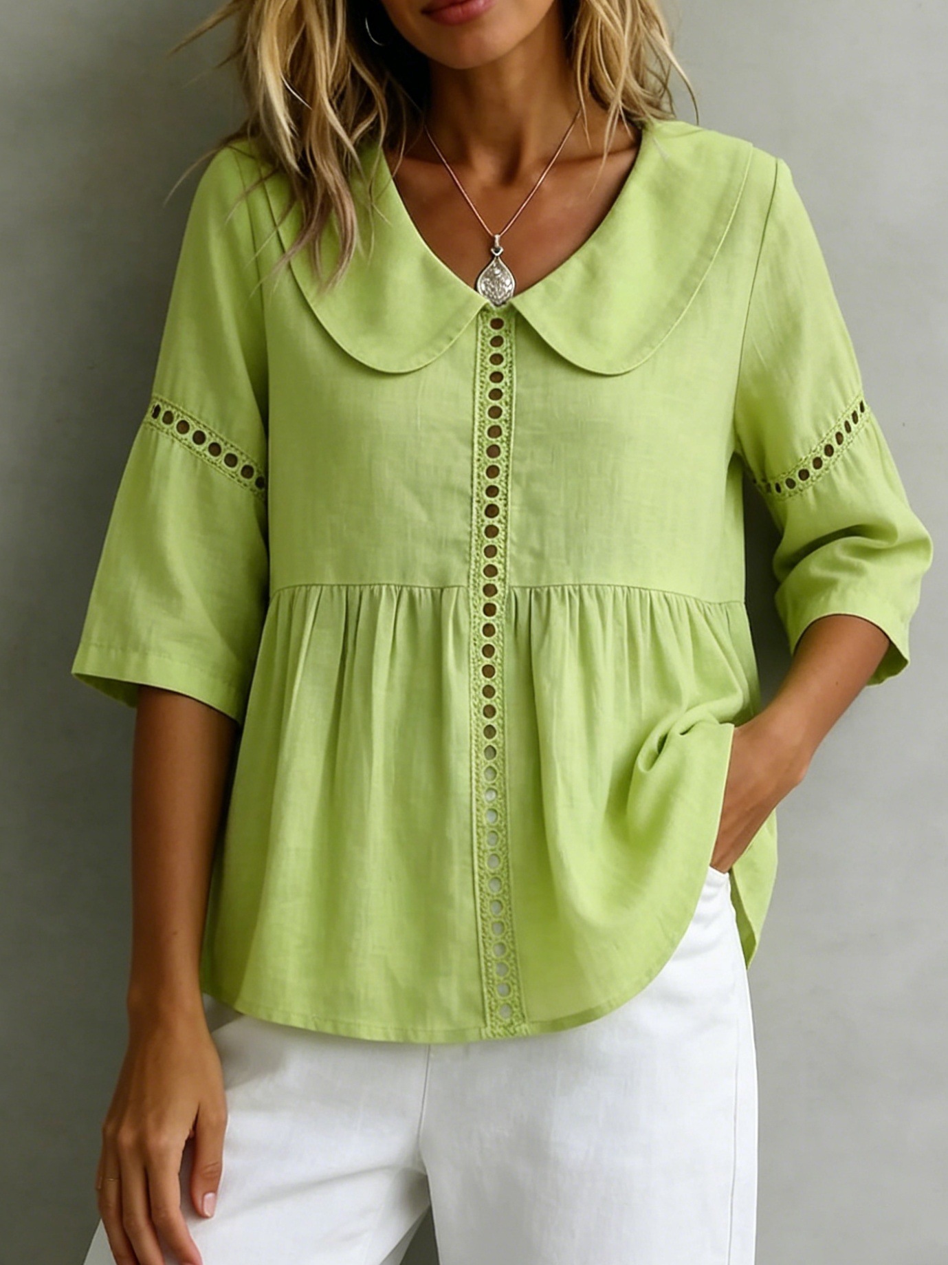 Peter Pan collar vintage hollow lace cotton and linen shirt