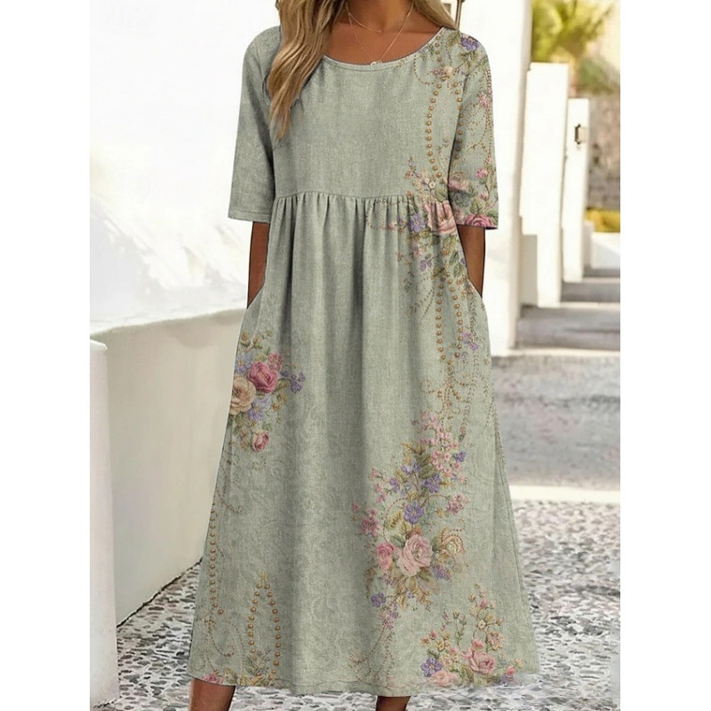 Rundhalsausschnitt, langes, stilvolles, bequemes und vielseitiges Kleid mit Taschen