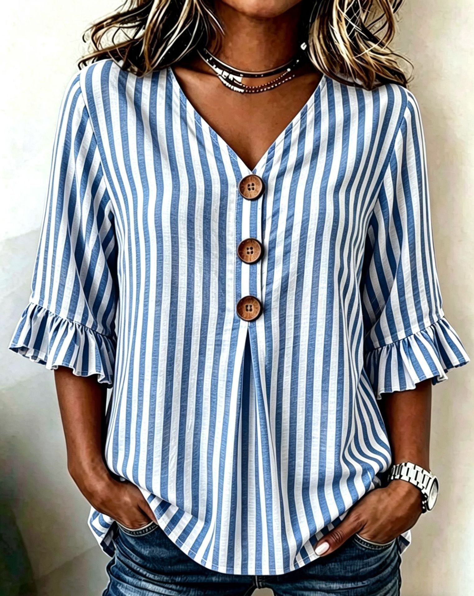 New Arrivals - Women's Retro Peter Pan Collar Cotton Linen Shirt | Striped Ruffle Sleeve Blouse