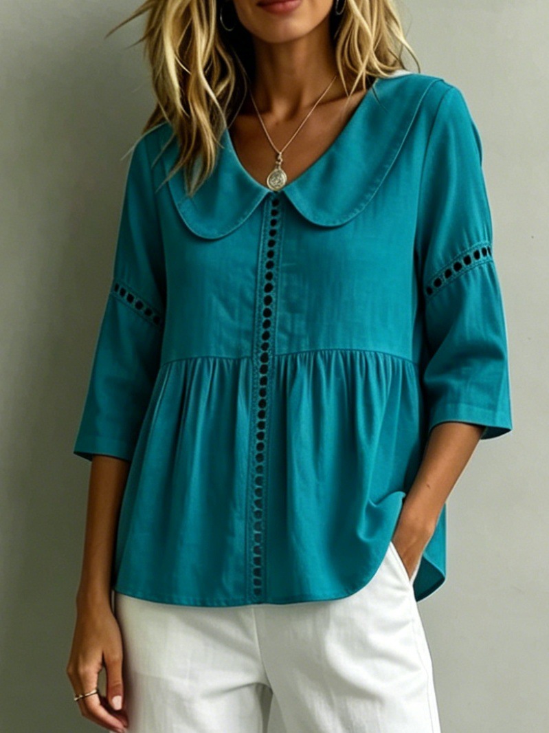 Peter Pan collar vintage hollow lace cotton and linen shirt