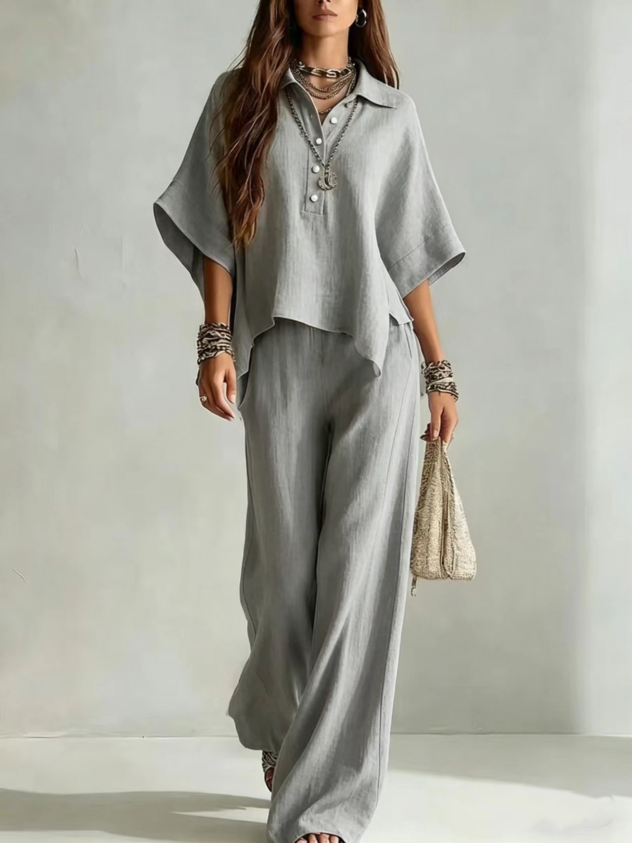 Zweiteiliges Set aus Kurzarmhemd und locker sitzender Hose für Damen