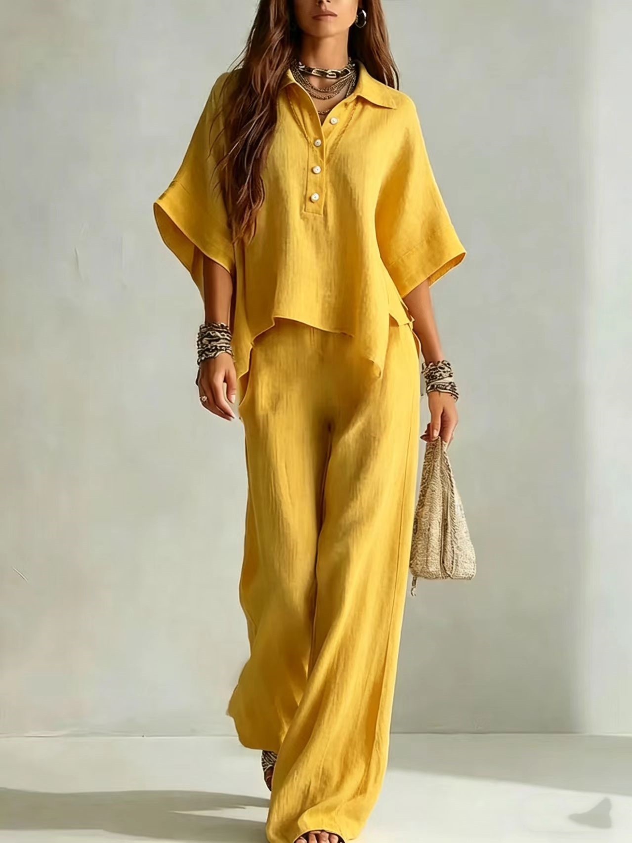 Zweiteiliges Set aus Kurzarmhemd und locker sitzender Hose für Damen