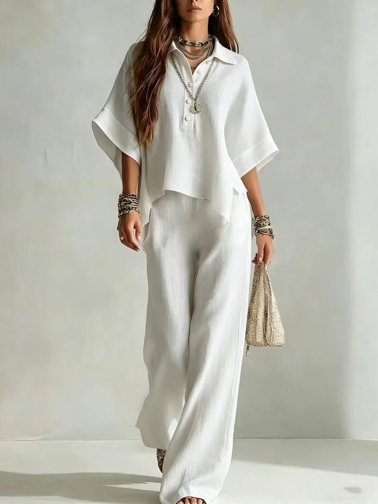 Zweiteiliges Set aus Kurzarmhemd und locker sitzender Hose für Damen