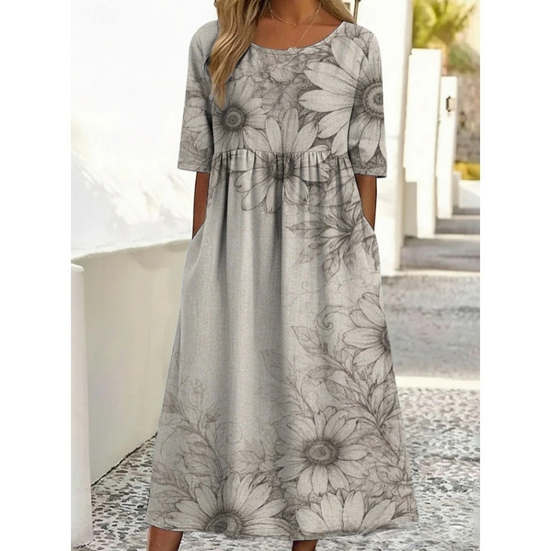 Rundhalsausschnitt, langes, stilvolles, bequemes und vielseitiges Kleid mit Taschen