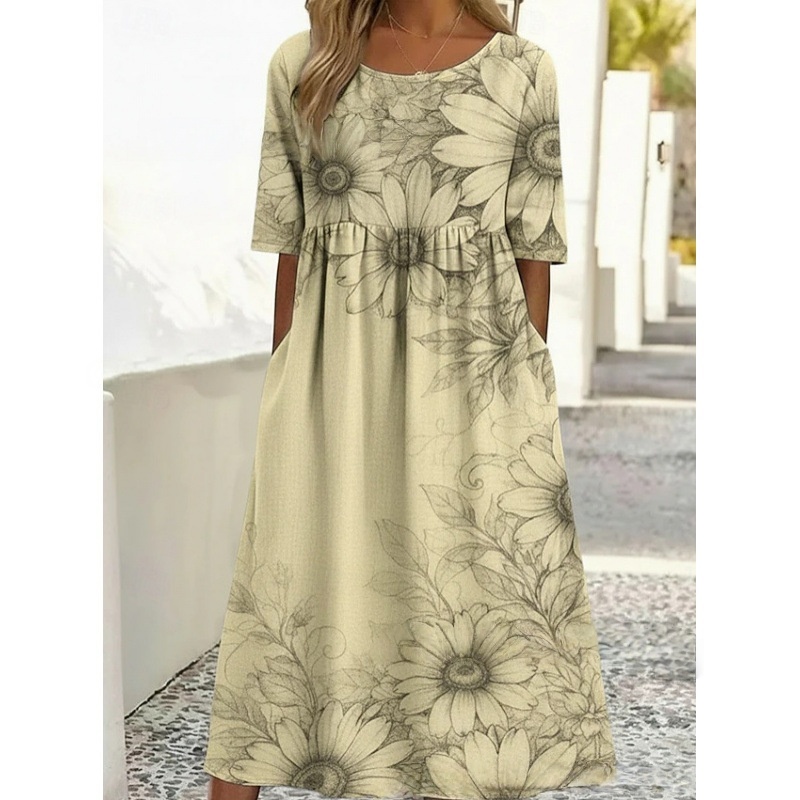 Rundhalsausschnitt, langes, stilvolles, bequemes und vielseitiges Kleid mit Taschen
