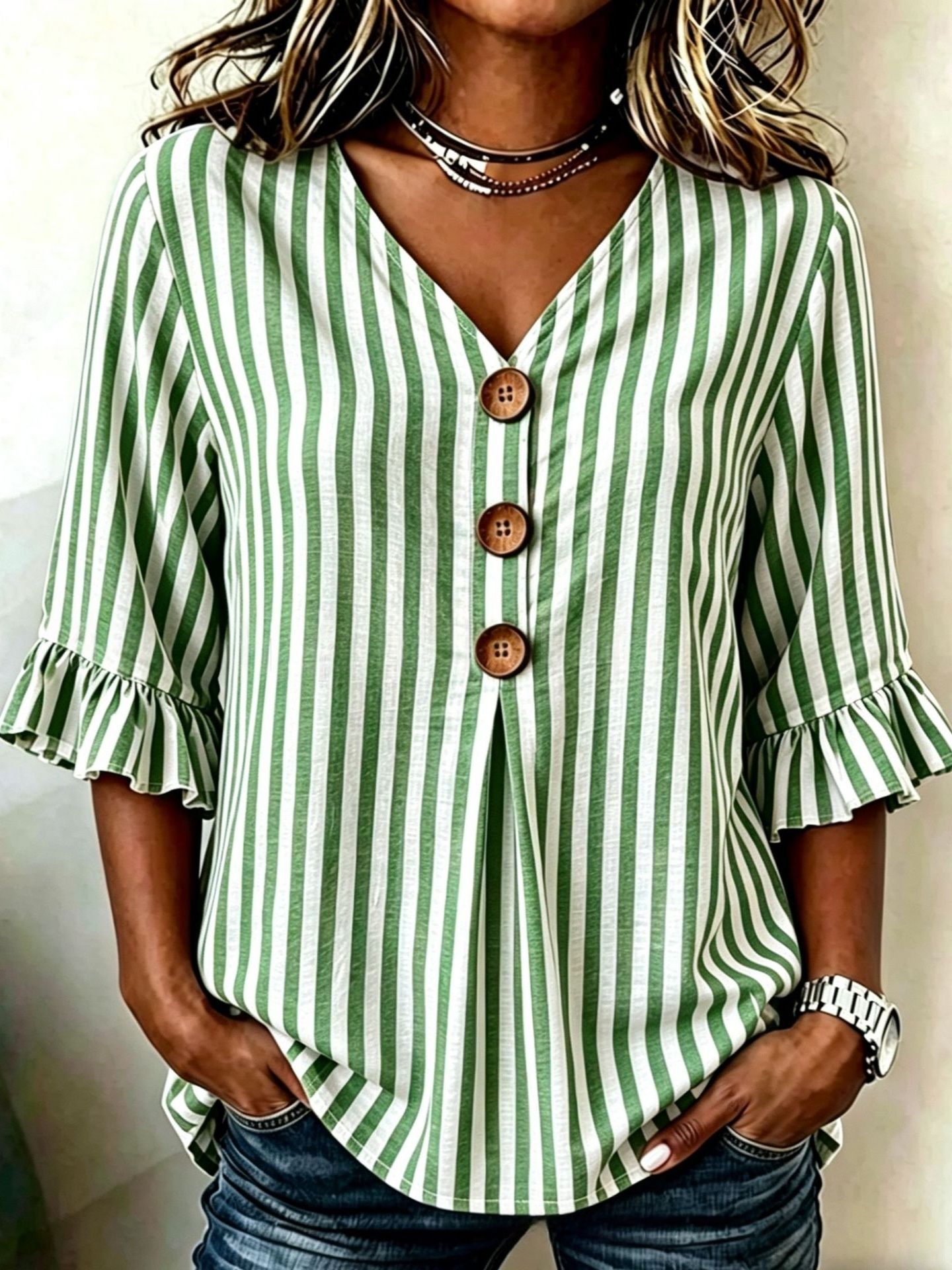 New Arrivals - Women's Retro Peter Pan Collar Cotton Linen Shirt | Striped Ruffle Sleeve Blouse