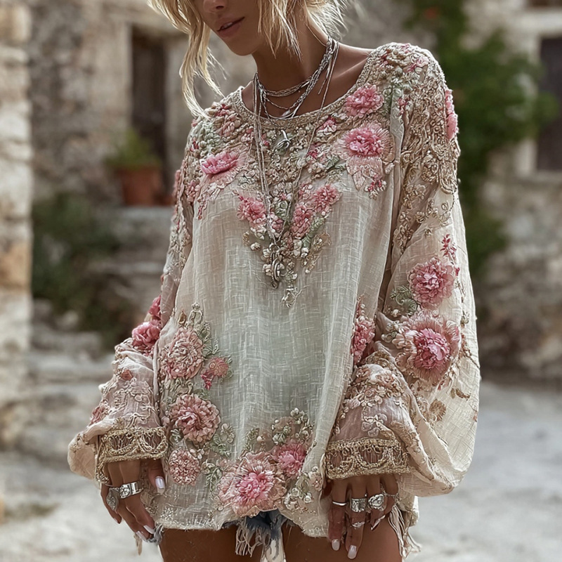 Haut fleuri tendance à col rond pour femme, style bohème