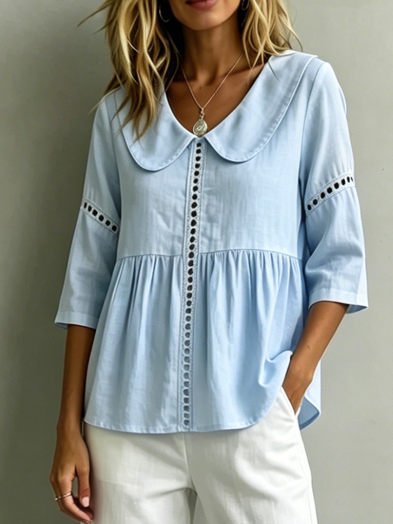 Peter Pan collar vintage hollow lace cotton and linen shirt