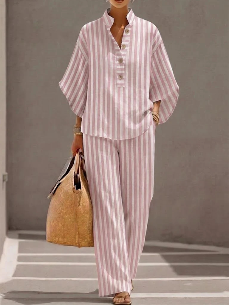 🔥Un ensemble deux pièces en coton et lin élégant et confortable, comprenant une chemise boutonnée et un pantalon à jambes larges.