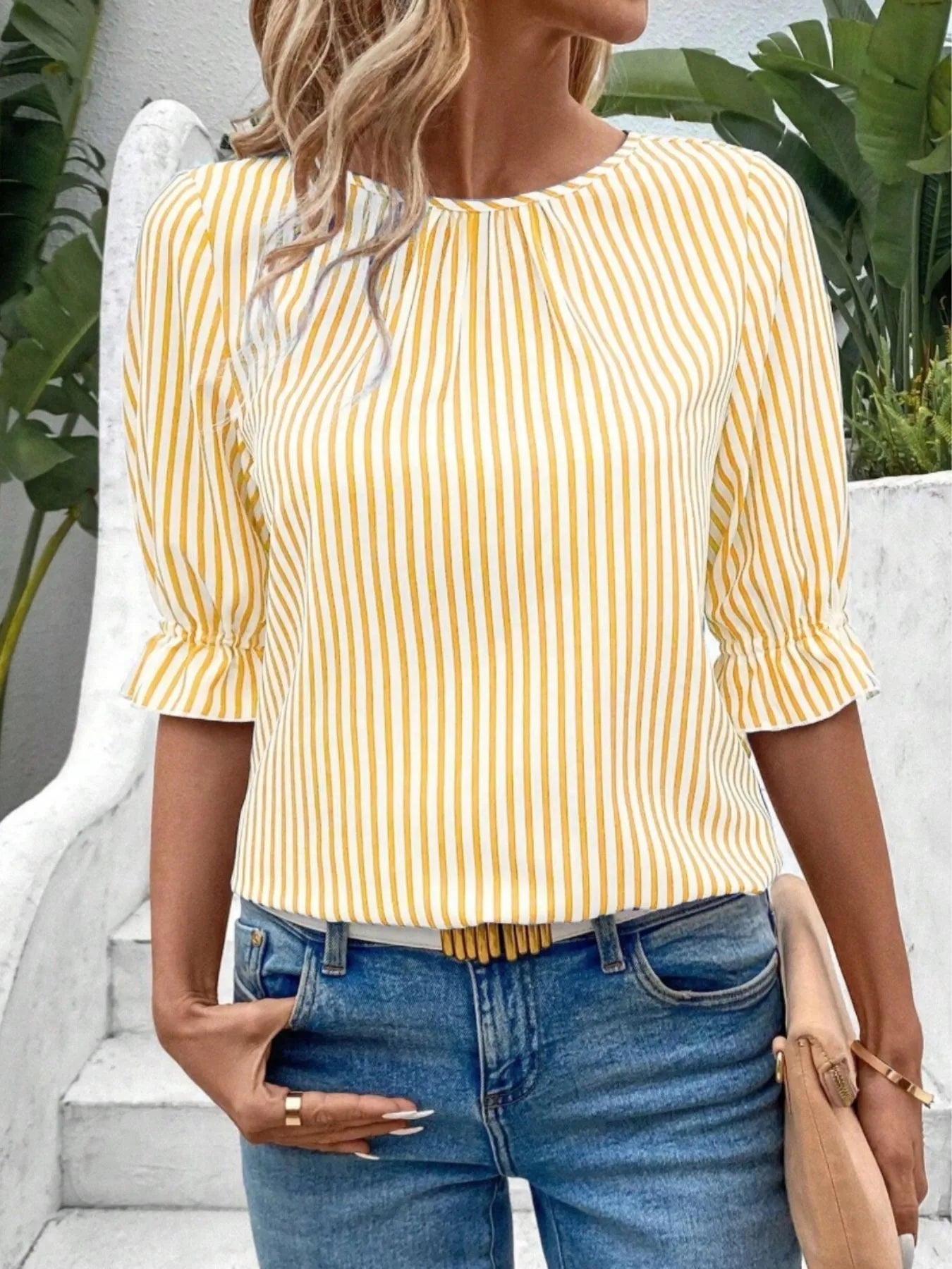 Striped Round Neck Half Sleeve Casual Blouse