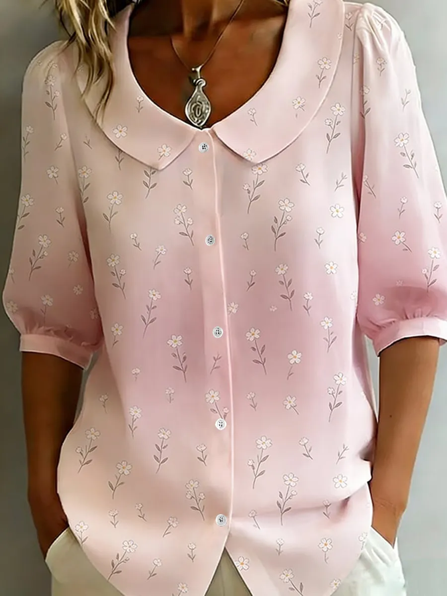 Women Floral Shawl Collar Half Sleeve Casual Daily Summer Shirt
