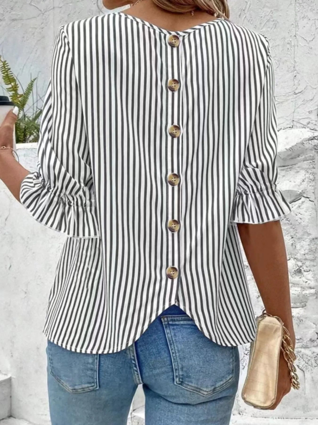 Striped Round Neck Half Sleeve Casual Blouse