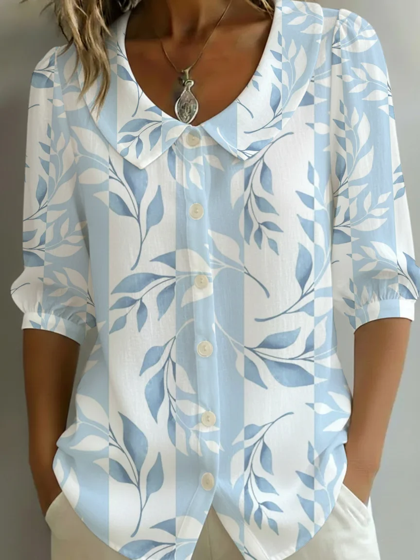 Women Floral Shawl Collar Half Sleeve Casual Daily Summer Shirt