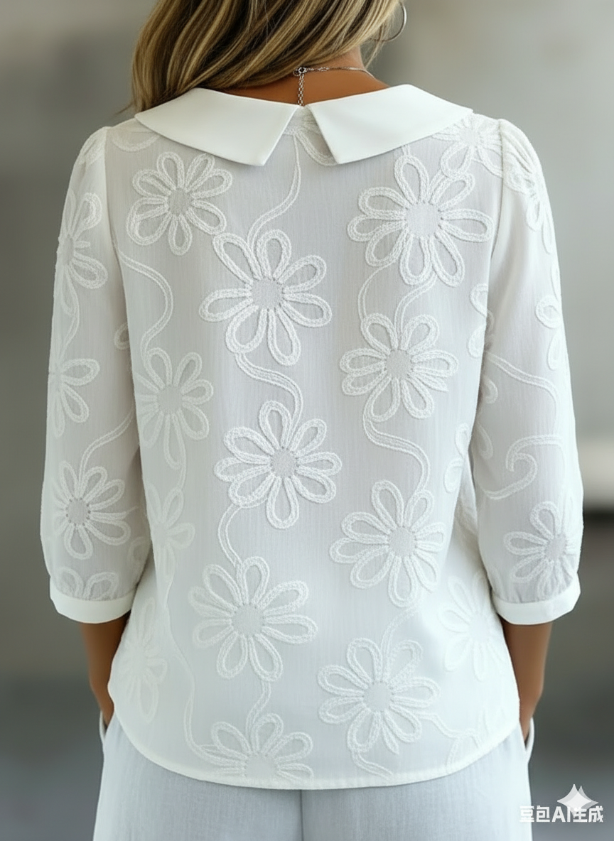 Elegant and comfortable long-sleeve shirt in solid color, decorated with embroidered floral patterns