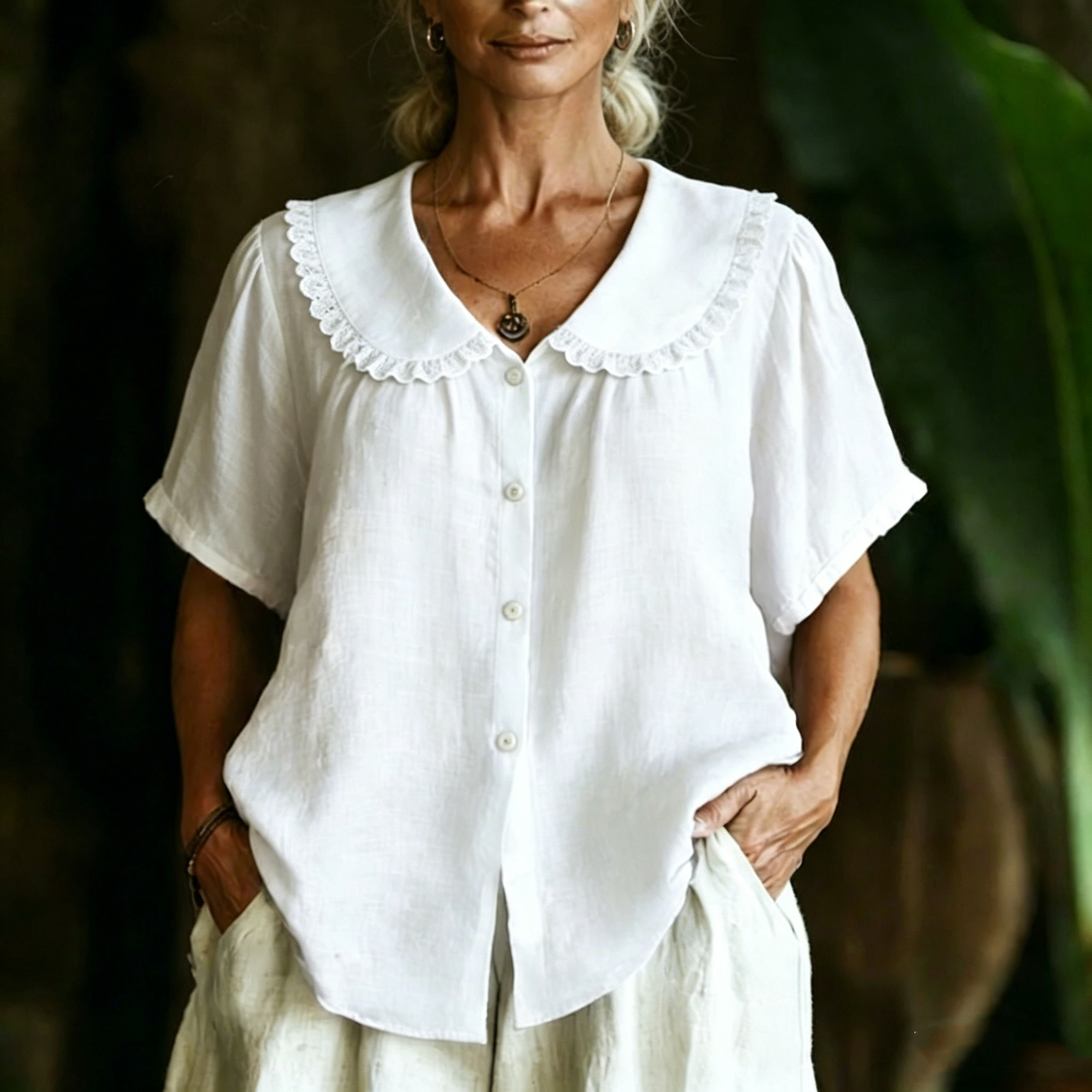 Chemise à manches courtes en coton et lin à col Peter Pan pour femme