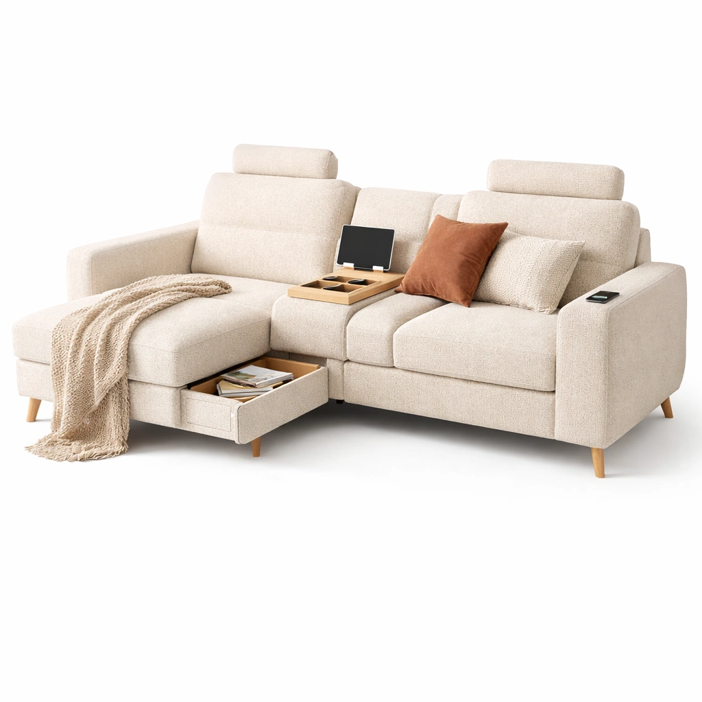 Sofa mit Stauraum Stoff Creme 220 cm-{nestexo}