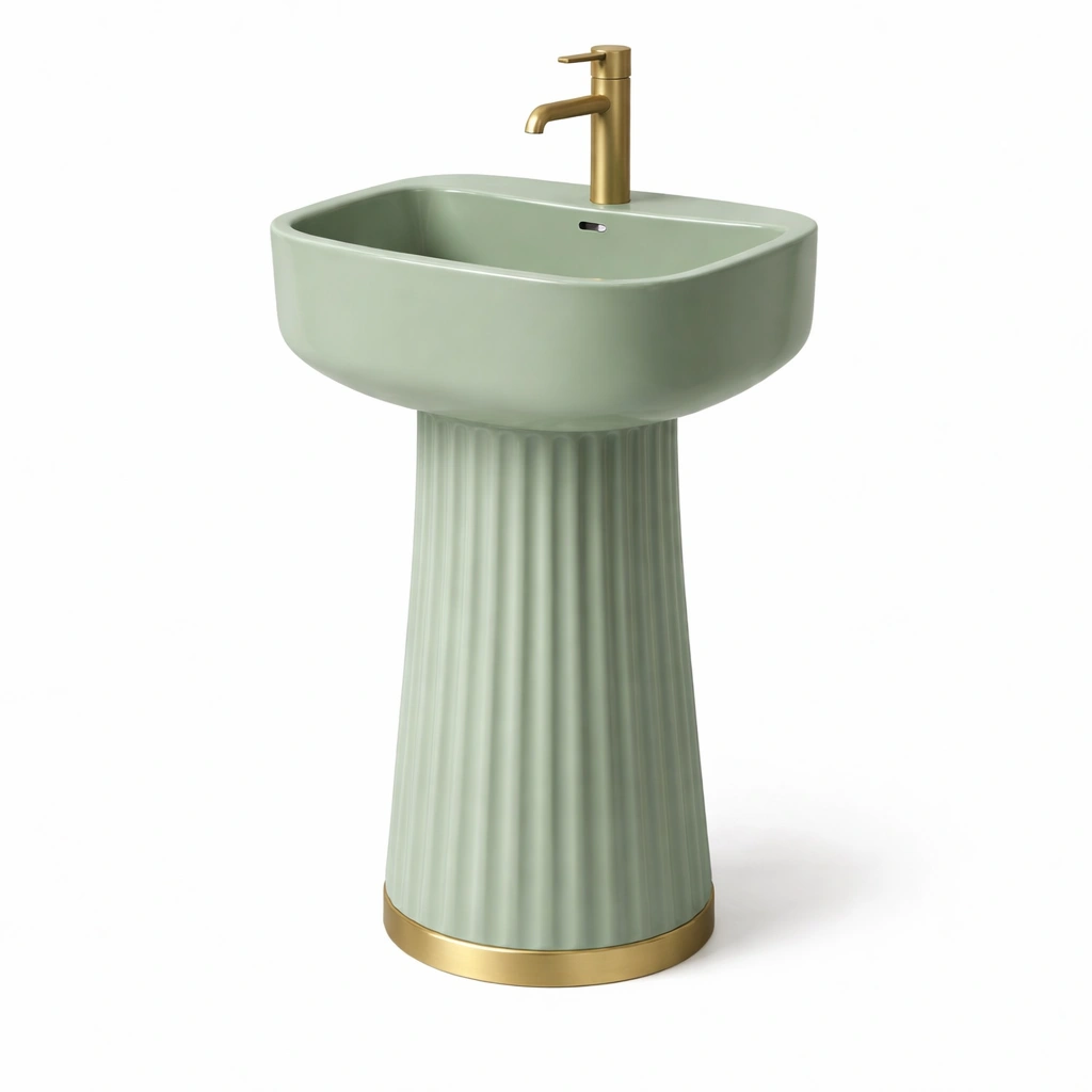 Waschbecken Standmodell Keramik Gruen Geriffelt 82 cm-{nestexo}