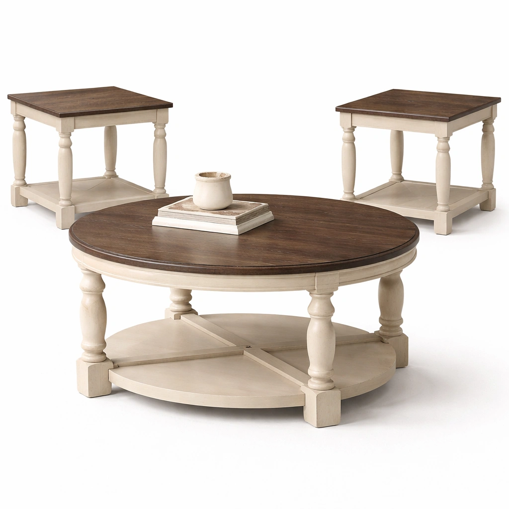 Couchtisch Set Landhaus Weiss Braun 3 Teilig 100 cm-{nestexo}