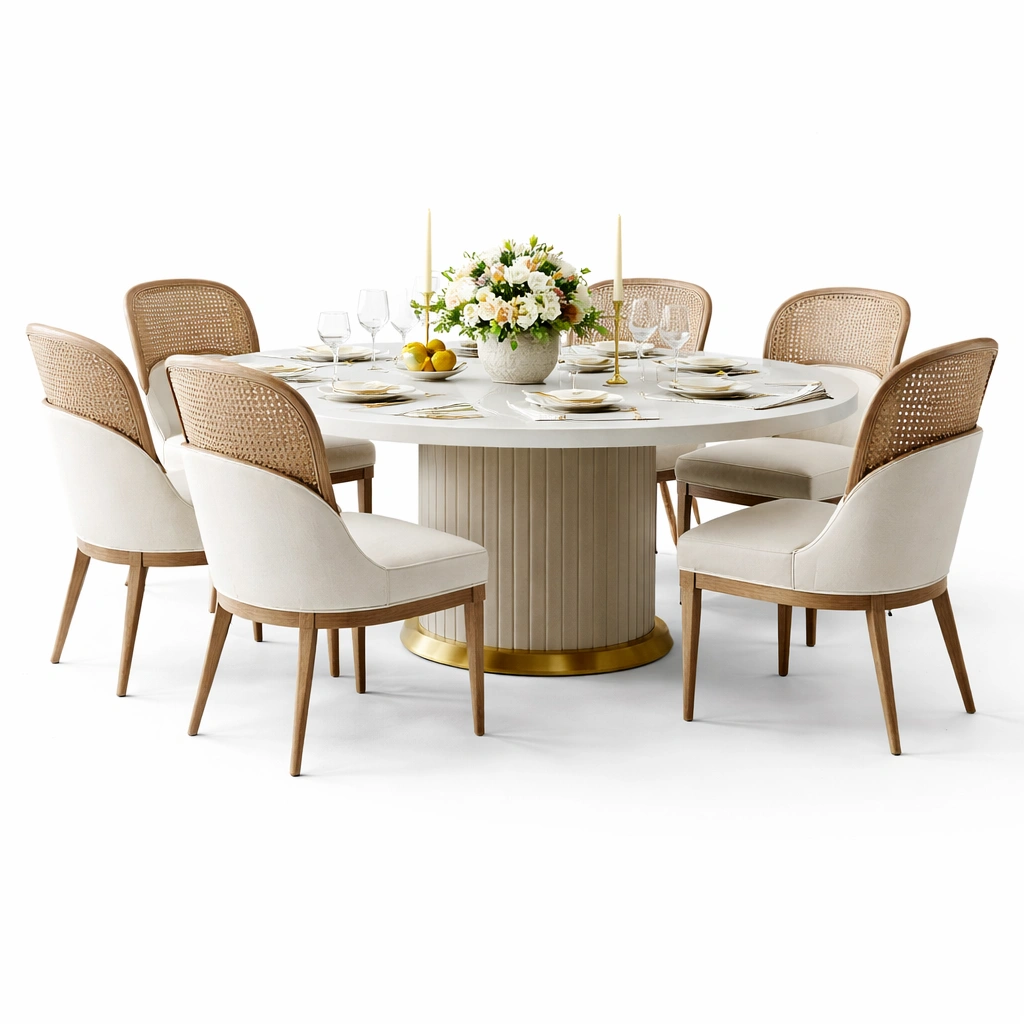 Esstisch Set Rund Weiss 6 Stuehle 130 cm-{nestexo}