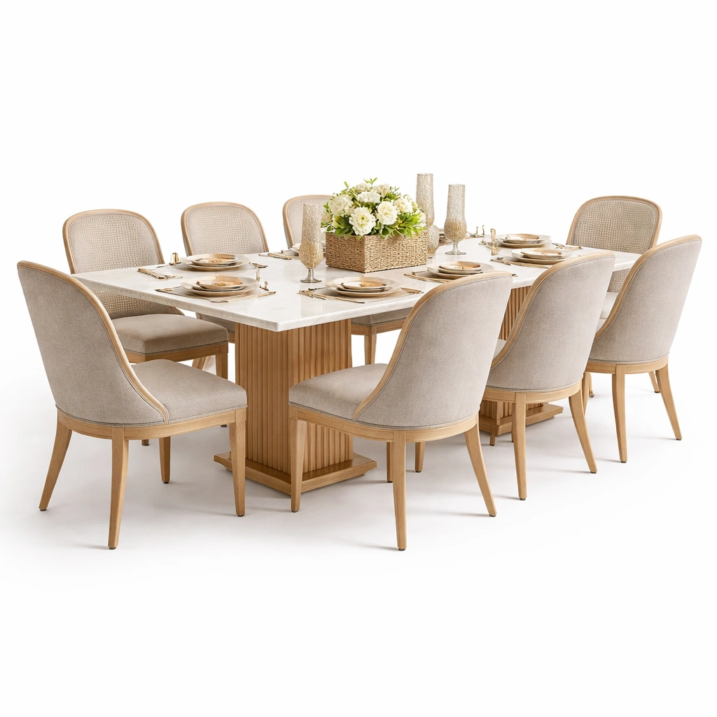 Esstisch Set Marmoroptik Weiss 8 Stuehle 180 cm-{nestexo}