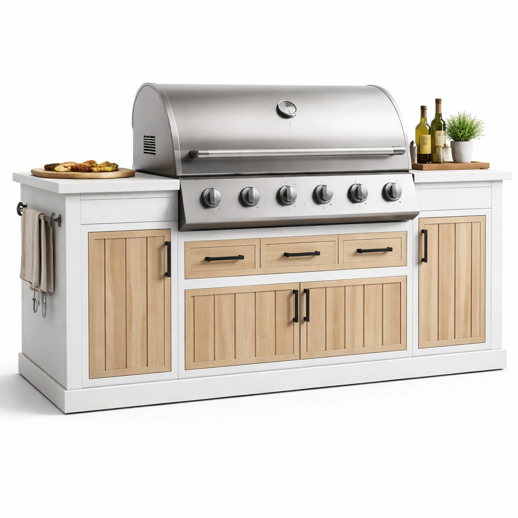 Outdoor Grillstation Weiss Holz 5 Brenner 210 cm-{nestexo}