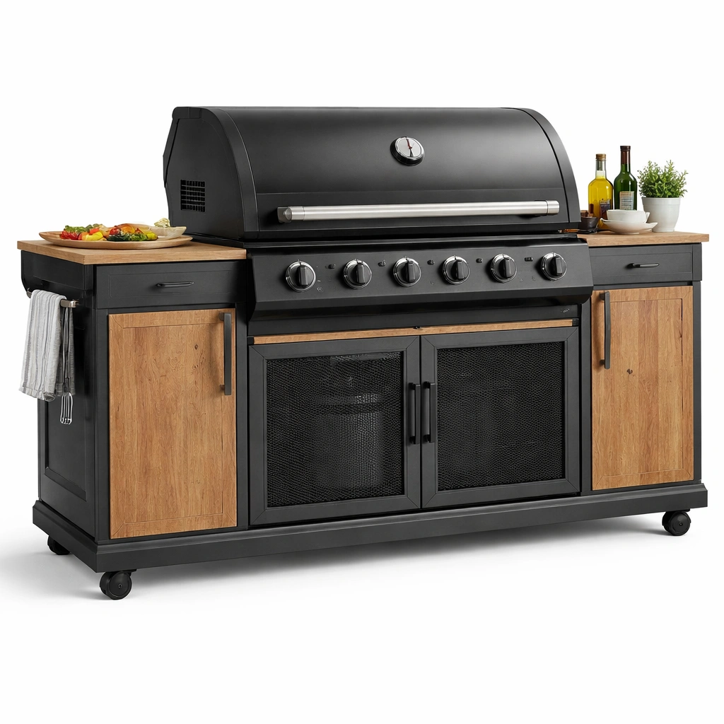 Outdoor Grillstation Schwarz Holz 6 Brenner 220 cm-{nestexo}