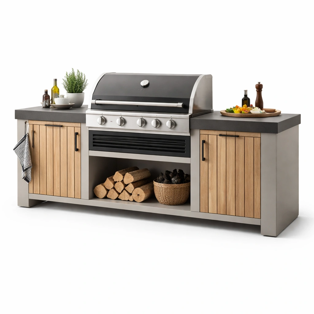 Outdoor Grillstation Grau Holz 5 Brenner 205 cm-{nestexo}
