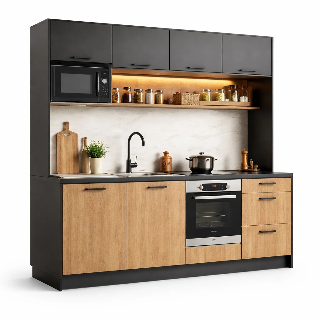 Kuechenblock Holz Schwarz Modern 240 cm-{nestexo}