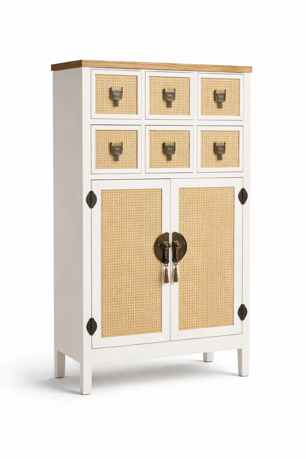 Kommode Vintage Weiss Rattan 6 Schubladen 90 cm-{nestexo}