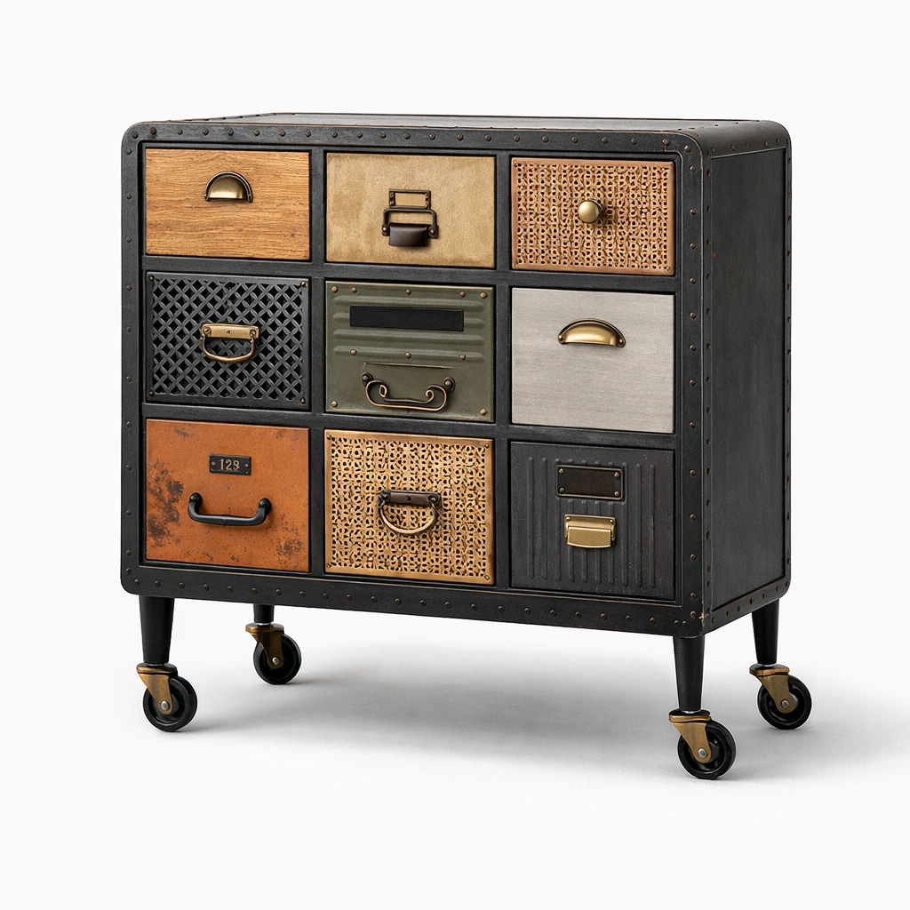 Kommode Industrial Metall Holz 9 Schubladen 100 cm-{nestexo}