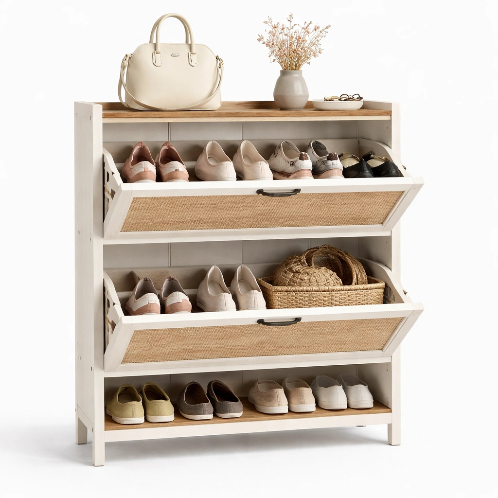 Schuhregal Weiss Holz Rattan 90 cm-{nestexo}