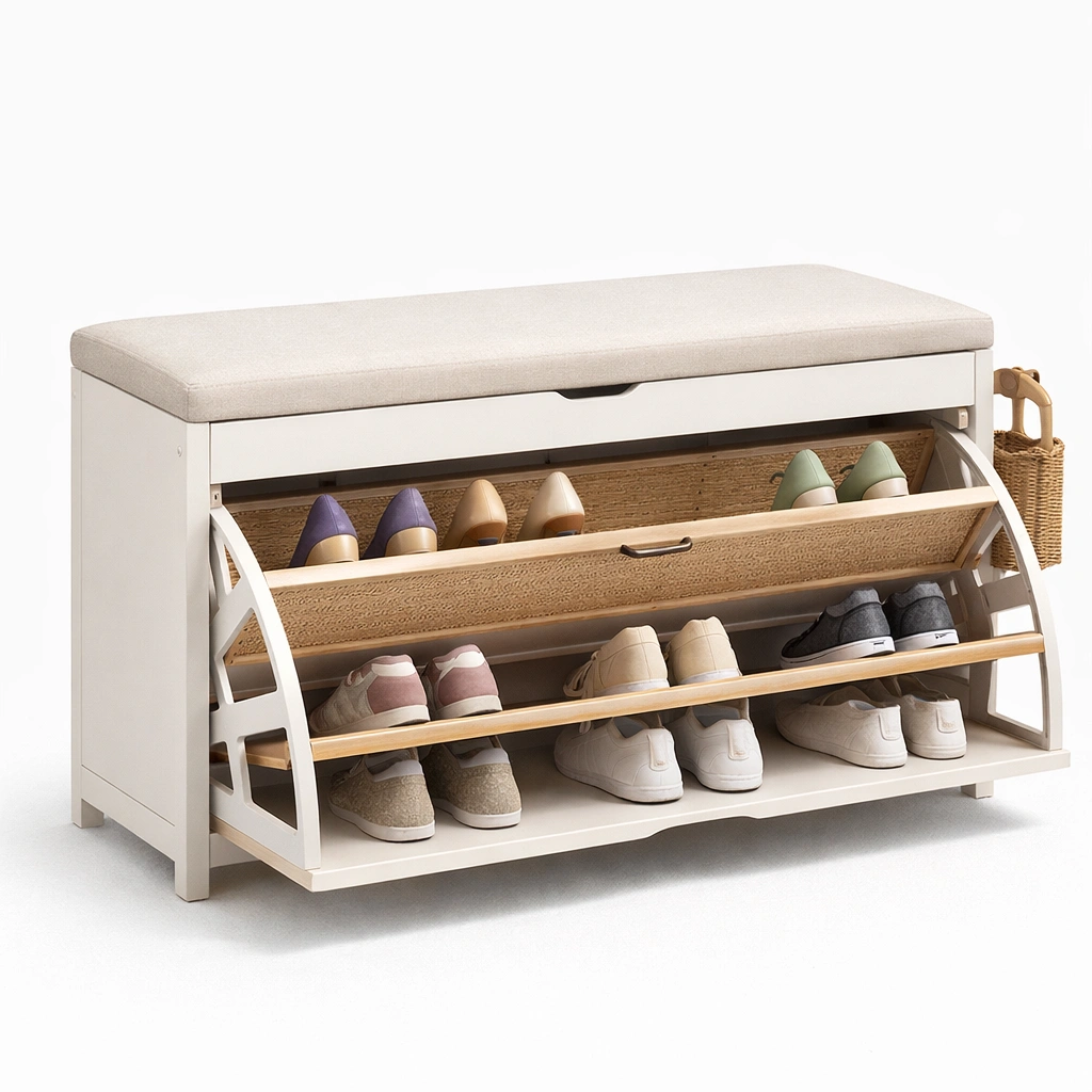 Schuhbank Weiss Holz Polster 100 cm-{nestexo}