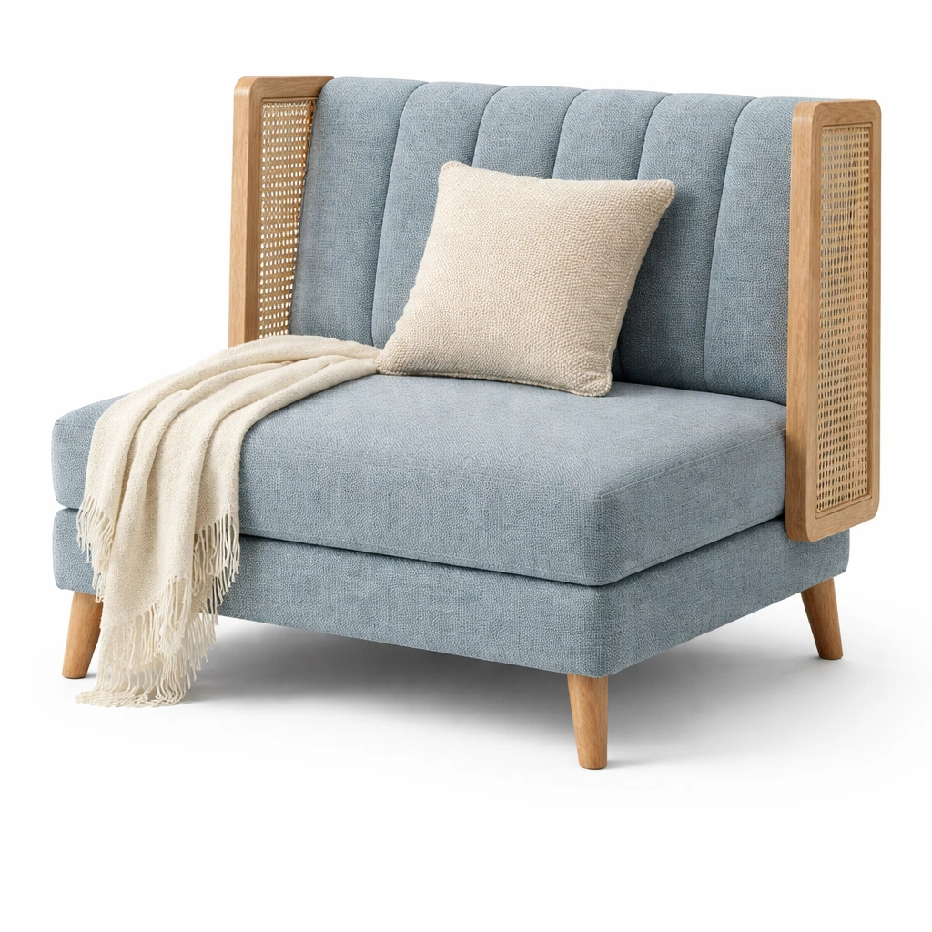 Loungesessel Blau mit Holzrahmen und Rattan-Seiten-roomaroa