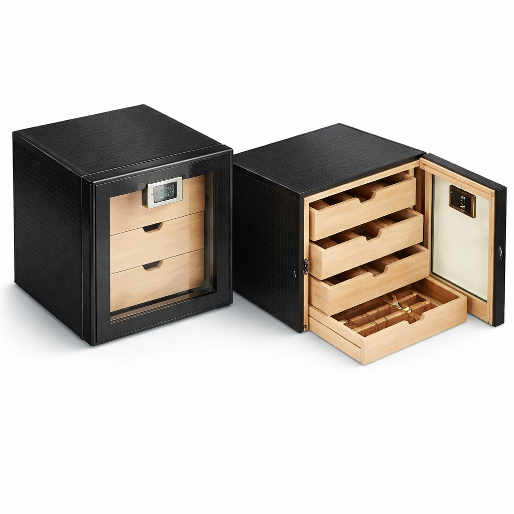 Zigarren Humidor Schwarz mit Glasfront und Hygrometer-roomaroa