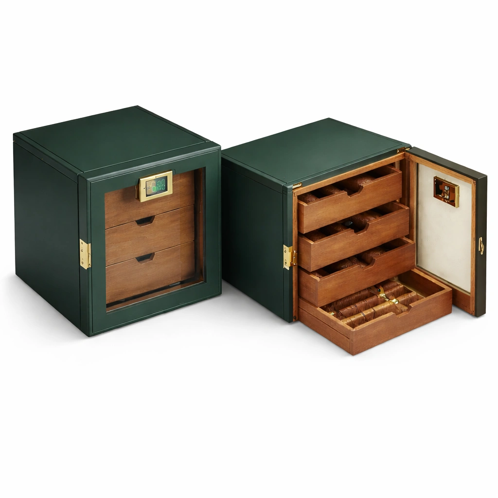 Zigarren Humidor Grn mit Hygrometer und Schubladen-roomaroa