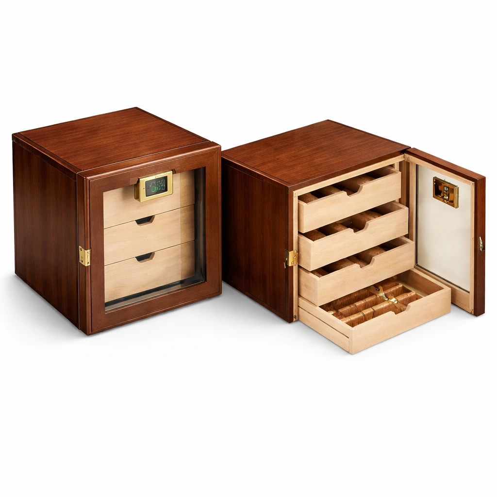 Zigarren Humidor Braun Holzoptik mit Glasfenster-roomaroa