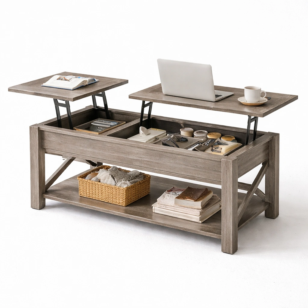 Couchtisch Grau mit Liftfunktion und Stauraum-roomaroa