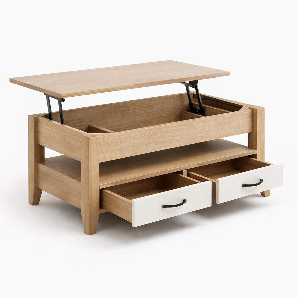 Couchtisch Holz mit Liftfunktion und Schubladen-roomaroa
