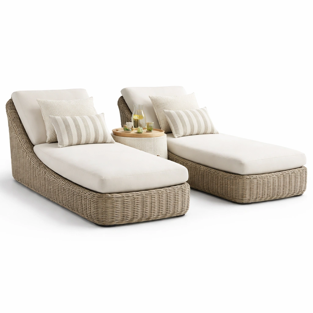 Rattan Doppel Sonnenliege Beige Outdoor-roomaroa
