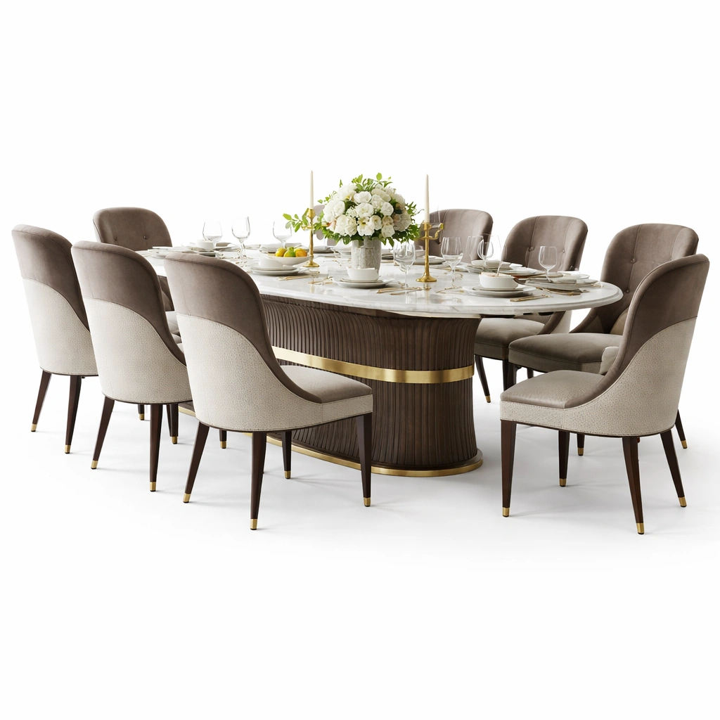 Luxus Esstisch Set Beige mit Marmorplatte 8 Sthle-roomaroa