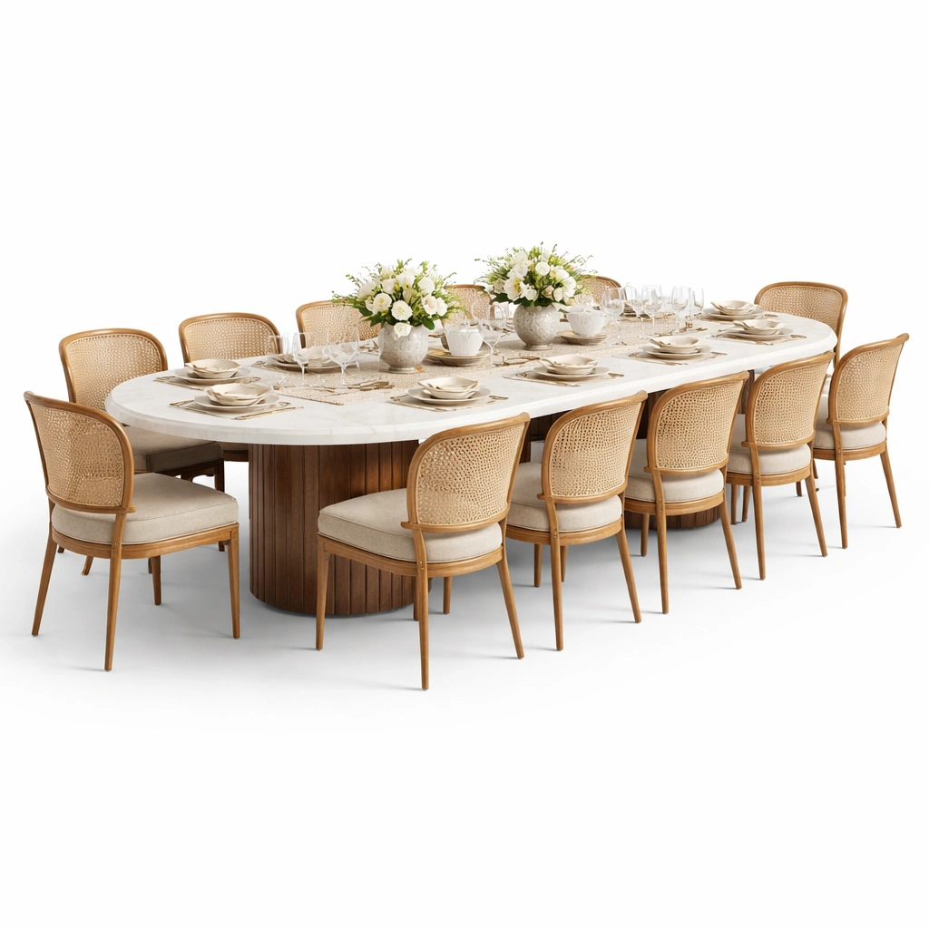 Esstisch Set Naturholz mit Rattansthlen 10 Pl?tze-roomaroa