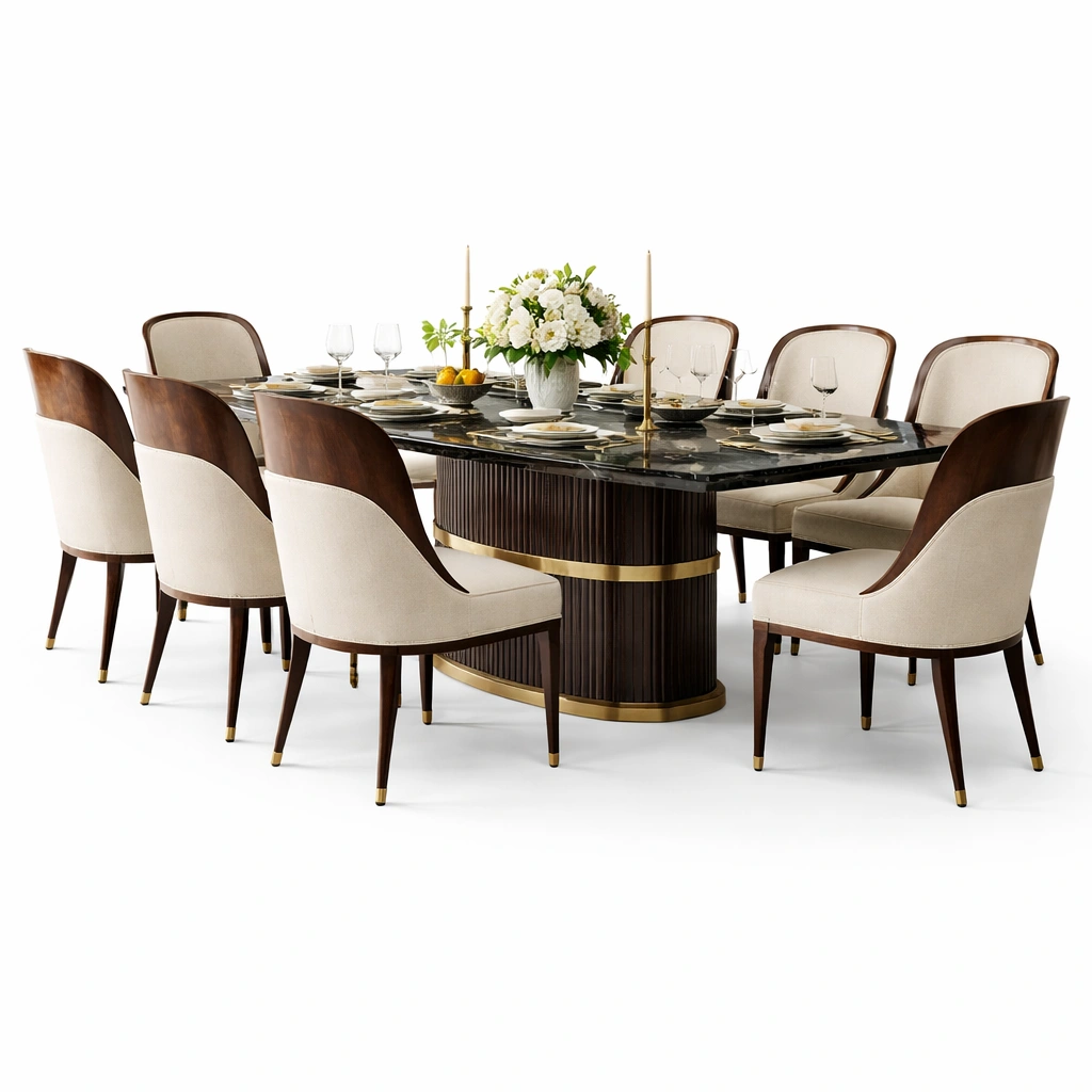 Designer Esstisch Set Dunkelbraun mit Steinplatte-roomaroa