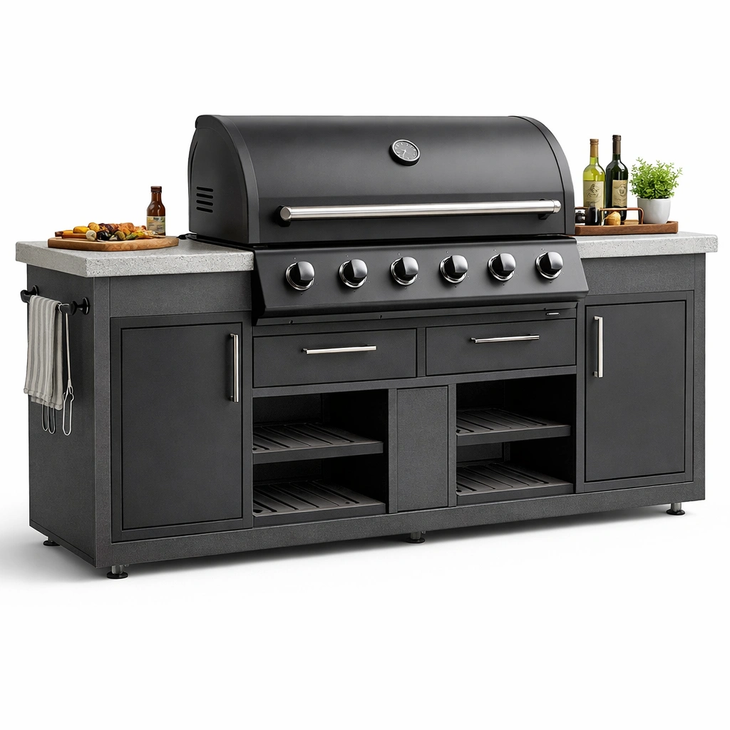 Grillstation Schwarz Edelstahl mit Unterschrank-roomaroa