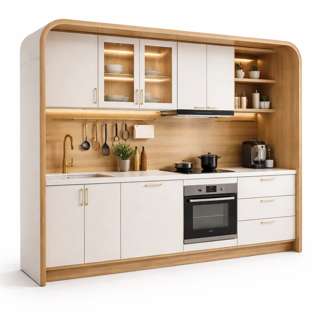 Einbaukche Wei? Naturholz mit Glasvitrinen-roomaroa