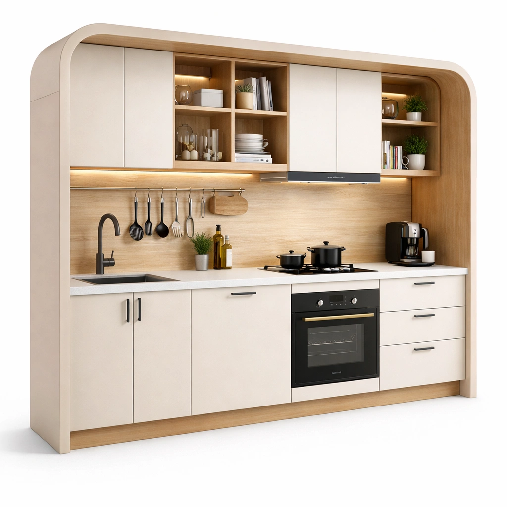 Moderne Einbaukche Creme mit Holzoptik-roomaroa