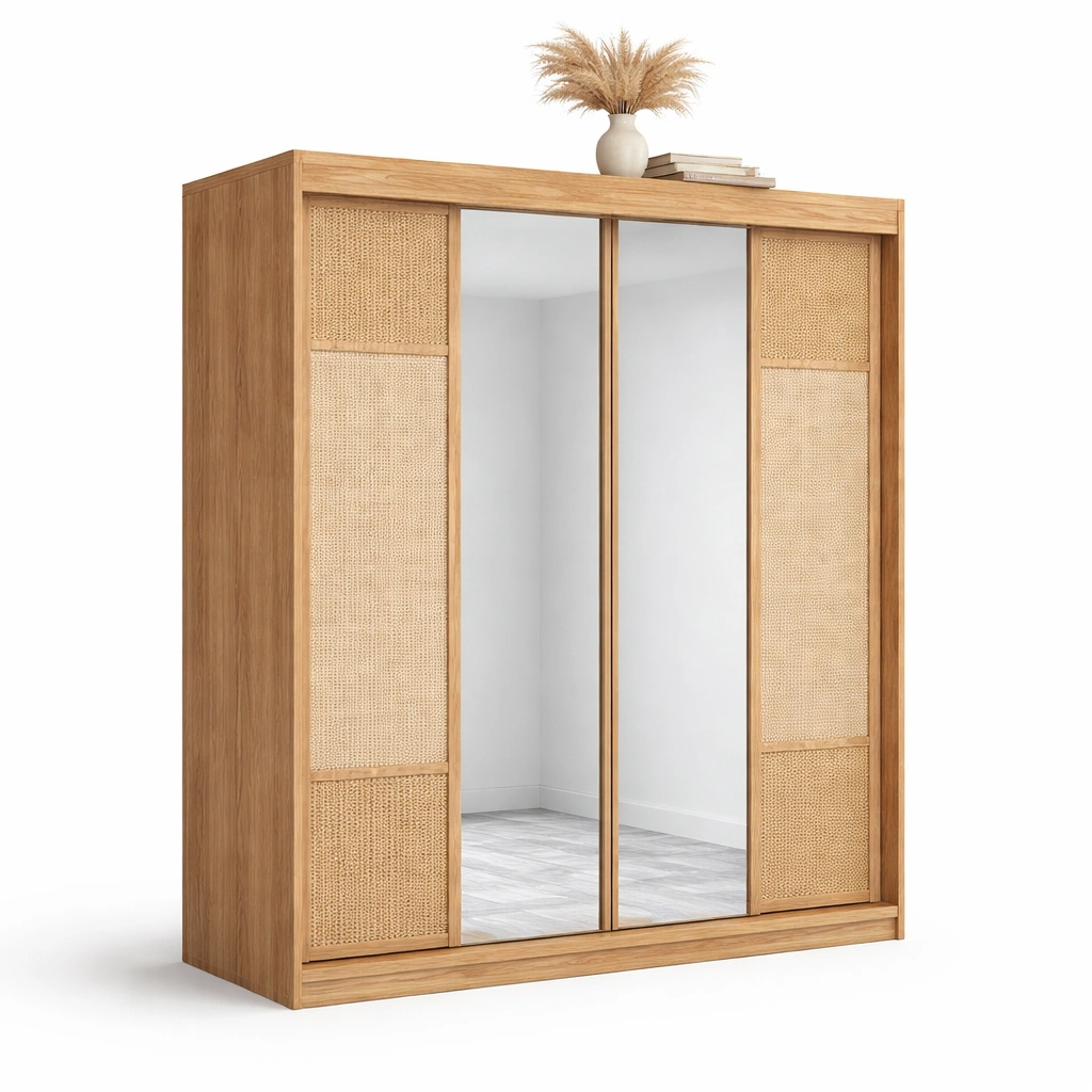Kleiderschrank Naturholz mit Rattan und Spiegel-roomaroa